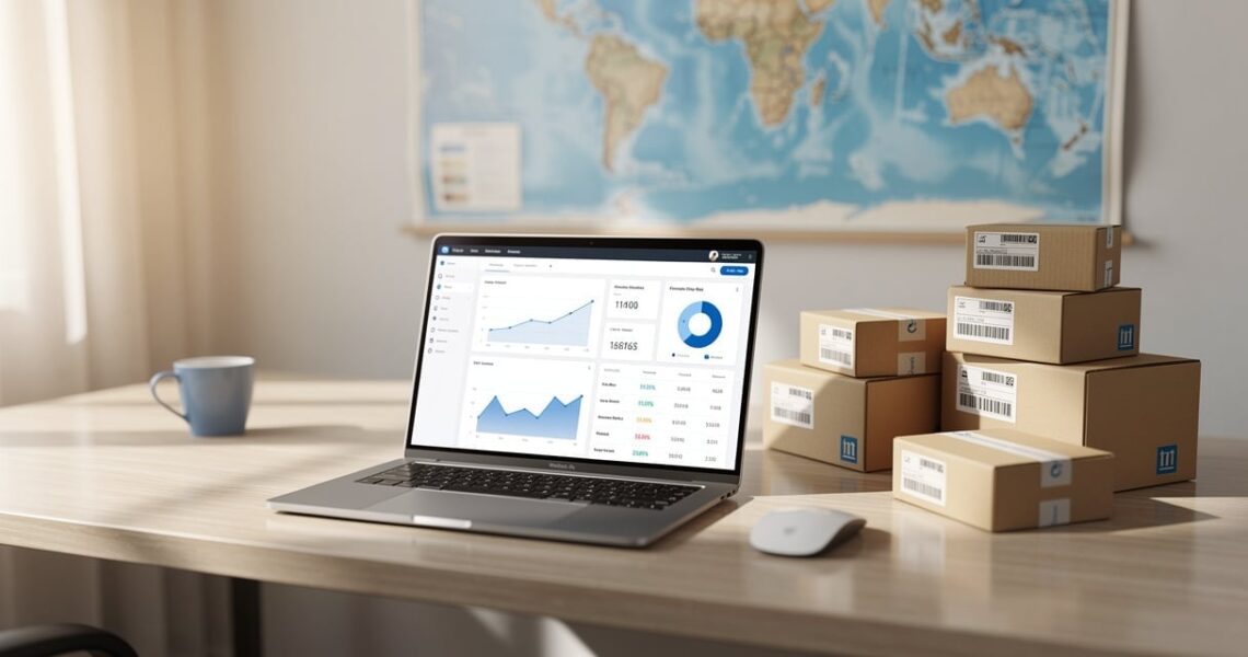 Bureau d'un dropshipper avec ordinateur portable et cartons d'expédition