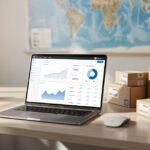 Bureau d'un dropshipper avec ordinateur portable et cartons d'expédition