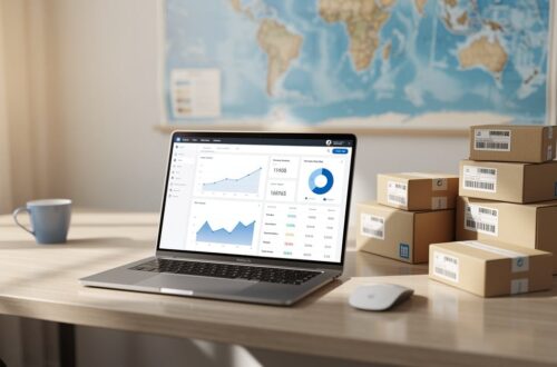 Bureau d'un dropshipper avec ordinateur portable et cartons d'expédition