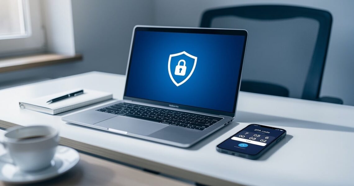 Poste de télétravail sécurisé avec VPN actif et authentification multifacteur sur smartphone