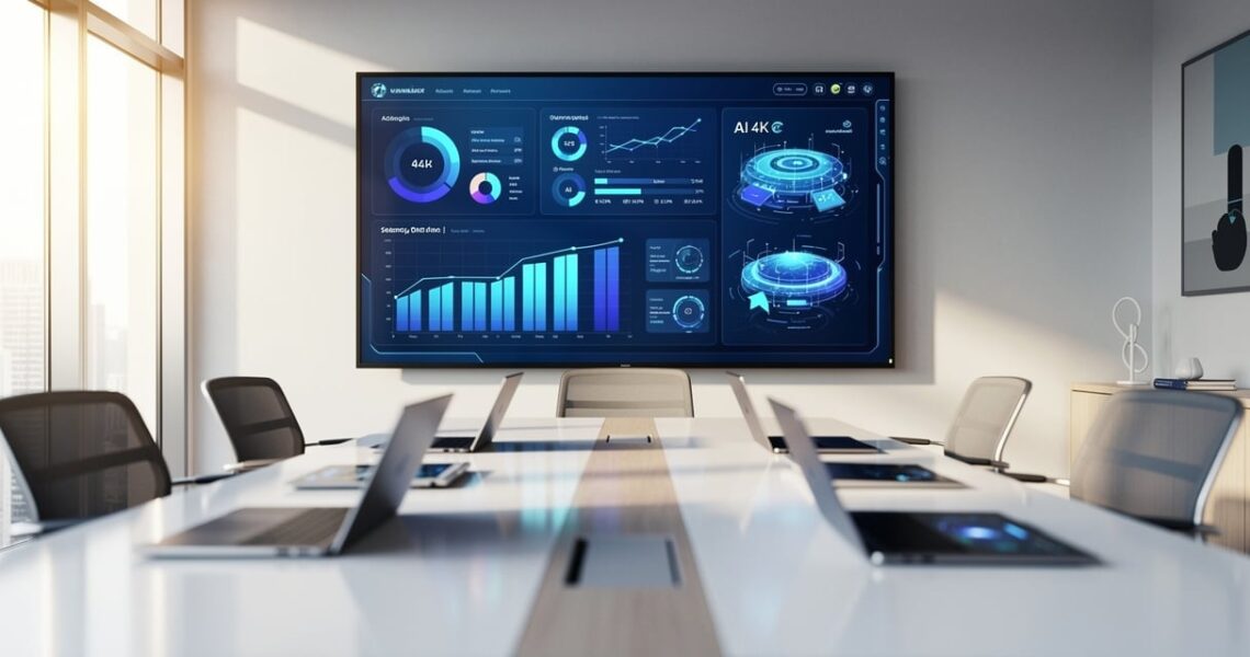 Salle de réunion avec écran affichant une interface IA pour comparer les modèles de langage en entreprise