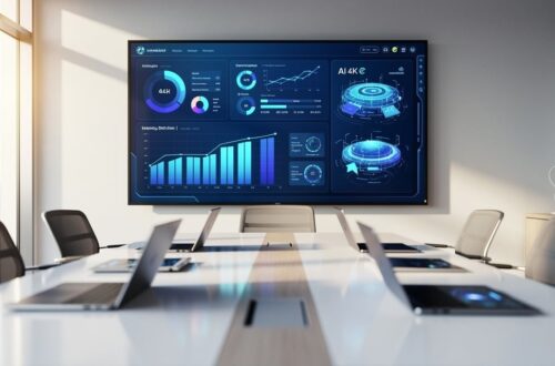 Salle de réunion avec écran affichant une interface IA pour comparer les modèles de langage en entreprise