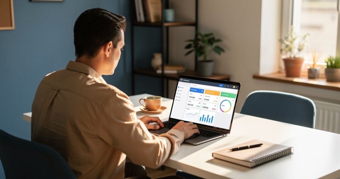 Dirigeant de petite entreprise utilisant un logiciel de comptabilité sur son ordinateur portable