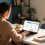 Dirigeant de petite entreprise utilisant un logiciel de comptabilité sur son ordinateur portable