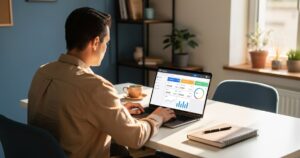 Dirigeant de petite entreprise utilisant un logiciel de comptabilité sur son ordinateur portable