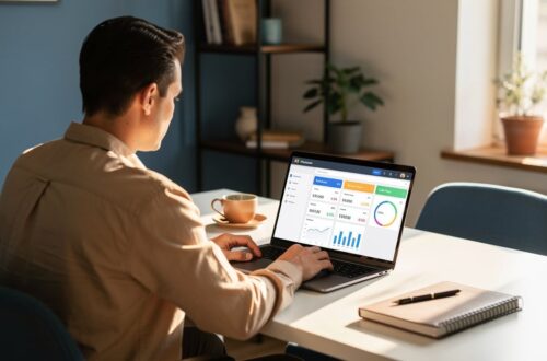 Dirigeant de petite entreprise utilisant un logiciel de comptabilité sur son ordinateur portable