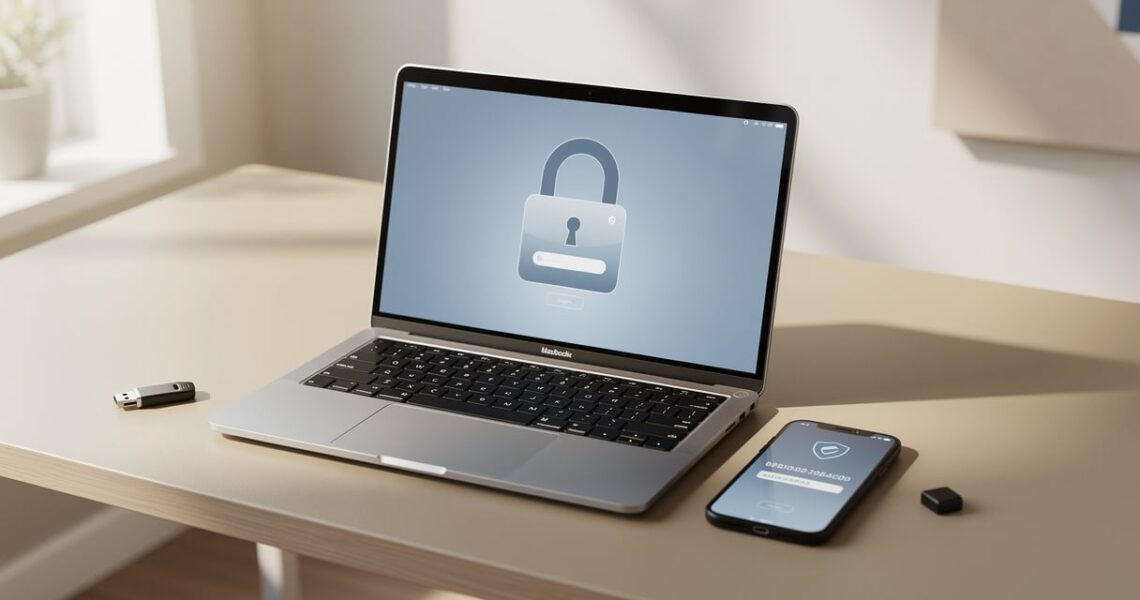 Bureau professionnel avec ordinateur portable affichant une interface de gestion de mots de passe et clé de sécurité physique