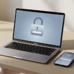 Bureau professionnel avec ordinateur portable affichant une interface de gestion de mots de passe et clé de sécurité physique