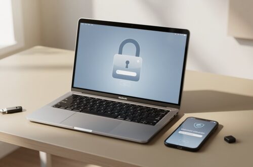 Bureau professionnel avec ordinateur portable affichant une interface de gestion de mots de passe et clé de sécurité physique
