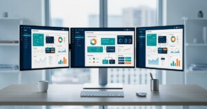 Bureau moderne avec écrans affichant des tableaux de bord et workflows automatisés