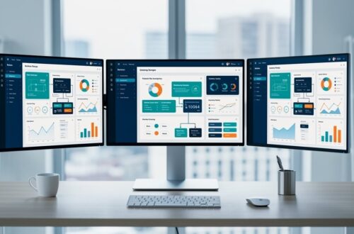 Bureau moderne avec écrans affichant des tableaux de bord et workflows automatisés