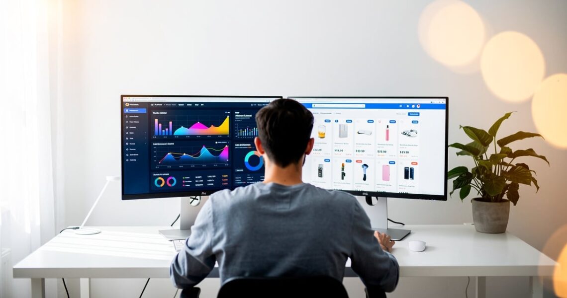 Entrepreneur gérant sa boutique dropshipping automatisée par IA depuis son bureau