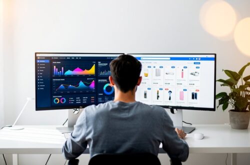 Entrepreneur gérant sa boutique dropshipping automatisée par IA depuis son bureau