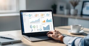 Automatiser sa veille concurrentielle avec des outils IA : le setup qui tient en 2 heures par semaine Tableau de bord de veille concurrentielle sur un ordinateur portable dans un bureau moderne