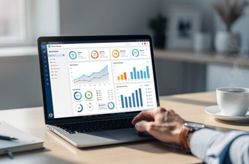 Tableau de bord de veille concurrentielle sur un ordinateur portable dans un bureau moderne
