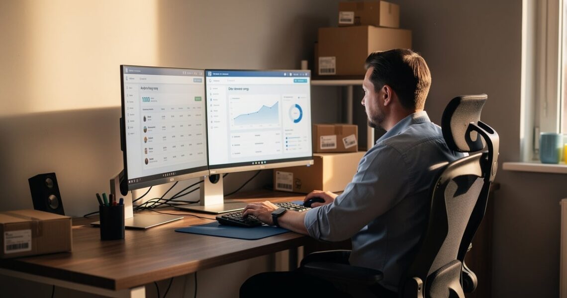 E-commerçant gérant le back-office de sa boutique en ligne sur ordinateur