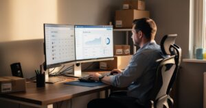 Back-office digital pour e-commerçant : le guide pour reprendre le contrôle E-commerçant gérant le back-office de sa boutique en ligne sur ordinateur