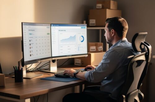 E-commerçant gérant le back-office de sa boutique en ligne sur ordinateur