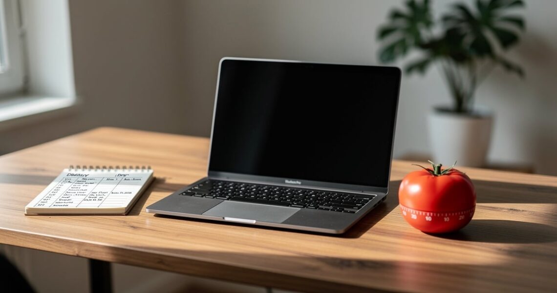 Bureau à domicile organisé avec minuteur Pomodoro pour gérer son temps en télétravail