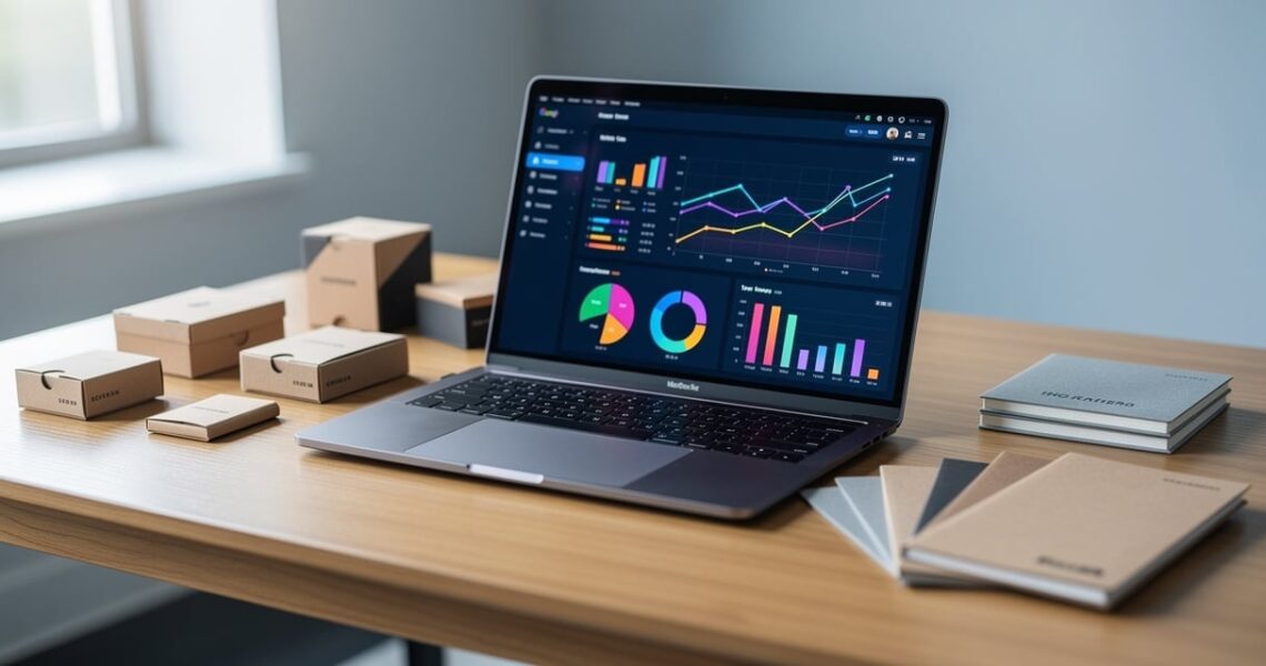 Espace de travail dédié à la recherche de niche en dropshipping avec ordinateur portable et tendances