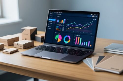 Espace de travail dédié à la recherche de niche en dropshipping avec ordinateur portable et tendances