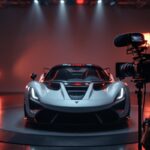 Un créateur automobile premium filme une supercar dans un studio haut de gamme avec caméra, micro et éclairage professionnel, mettant en valeur les reflets et la carrosserie.