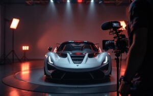 Un créateur automobile premium filme une supercar dans un studio haut de gamme avec caméra, micro et éclairage professionnel, mettant en valeur les reflets et la carrosserie.