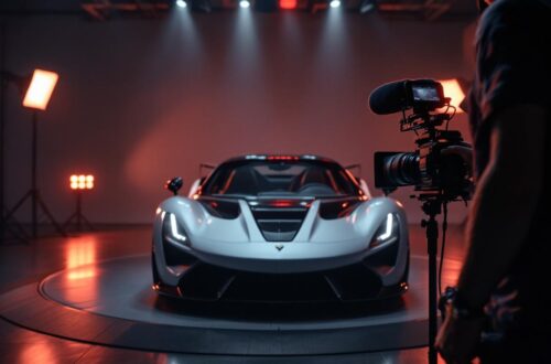 Un créateur automobile premium filme une supercar dans un studio haut de gamme avec caméra, micro et éclairage professionnel, mettant en valeur les reflets et la carrosserie.
