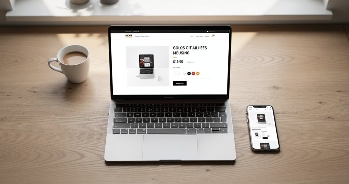 Fiche produit e-commerce affichée sur un ordinateur portable dans un espace de travail lumineux
