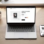 Fiche produit e-commerce affichée sur un ordinateur portable dans un espace de travail lumineux