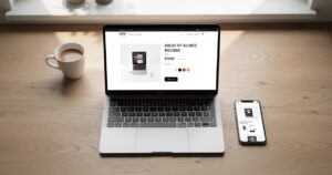 Fiche produit e-commerce affichée sur un ordinateur portable dans un espace de travail lumineux