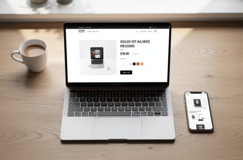 Fiche produit e-commerce affichée sur un ordinateur portable dans un espace de travail lumineux