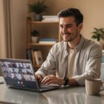Dirigeant délégant sa gestion administrative à un assistant virtuel en visioconférence depuis son bureau