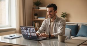 Déléguer sa gestion administrative à un assistant virtuel : le guide pratique pour passer le cap Dirigeant délégant sa gestion administrative à un assistant virtuel en visioconférence depuis son bureau