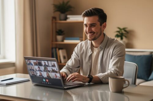 Dirigeant délégant sa gestion administrative à un assistant virtuel en visioconférence depuis son bureau