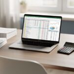 Bureau de dropshipper avec ordinateur, documents fiscaux et calculatrice pour gérer la TVA