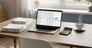 Fiscalité dropshipping France : le guide TVA et statut juridique pour 2026 Bureau de dropshipper avec ordinateur, documents fiscaux et calculatrice pour gérer la TVA