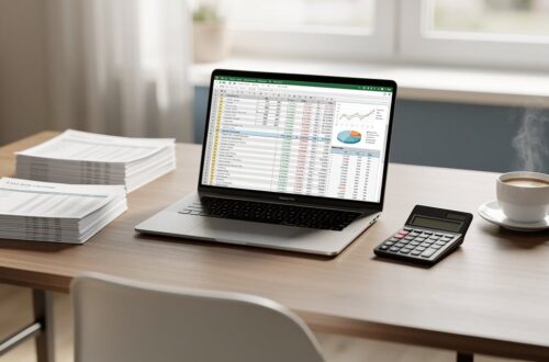 Bureau de dropshipper avec ordinateur, documents fiscaux et calculatrice pour gérer la TVA