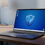 Ordinateur portable sous Windows 11 avec icone de securite a l ecran