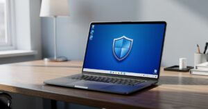 Ordinateur portable sous Windows 11 avec icone de securite a l ecran
