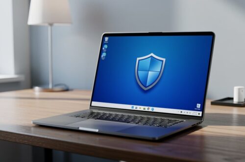 Ordinateur portable sous Windows 11 avec icone de securite a l ecran