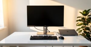 Ecran externe 27 pouces sur un bureau de teletravail a domicile