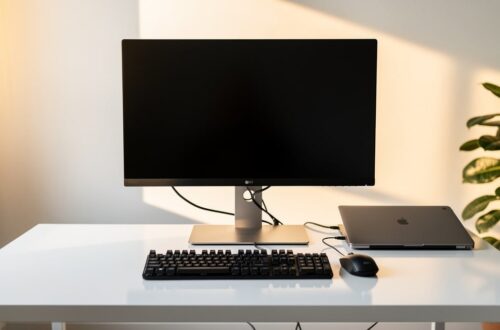 Ecran externe 27 pouces sur un bureau de teletravail a domicile