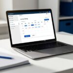 Outil de planification de réunions affiché sur un ordinateur portable sur un bureau professionnel