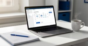 Outil de planification de réunions en ligne : notre top 5 pour arrêter le ping-pong d'emails Outil de planification de réunions affiché sur un ordinateur portable sur un bureau professionnel