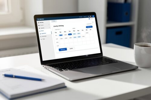 Outil de planification de réunions affiché sur un ordinateur portable sur un bureau professionnel