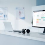 Bureau de cabinet médical avec ordinateur et casque illustrant le secrétariat virtuel médical