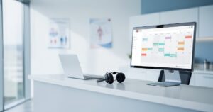 Bureau de cabinet médical avec ordinateur et casque illustrant le secrétariat virtuel médical