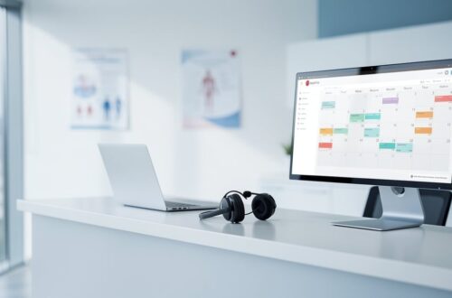 Bureau de cabinet médical avec ordinateur et casque illustrant le secrétariat virtuel médical