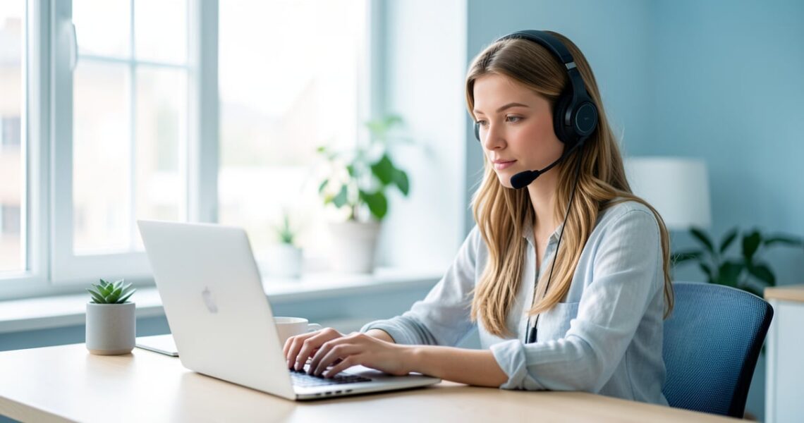 Assistante virtuelle avec casque travaillant sur un ordinateur portable dans un bureau lumineux